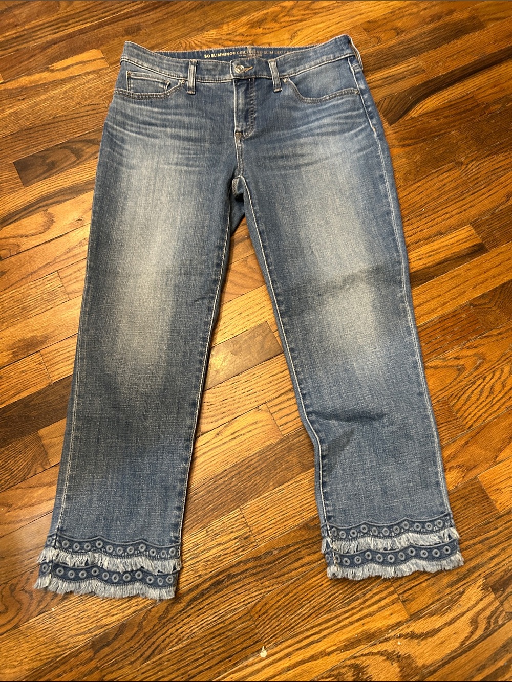 Chico's Blue Embroidered Cropped Jeans with Frayed Hem